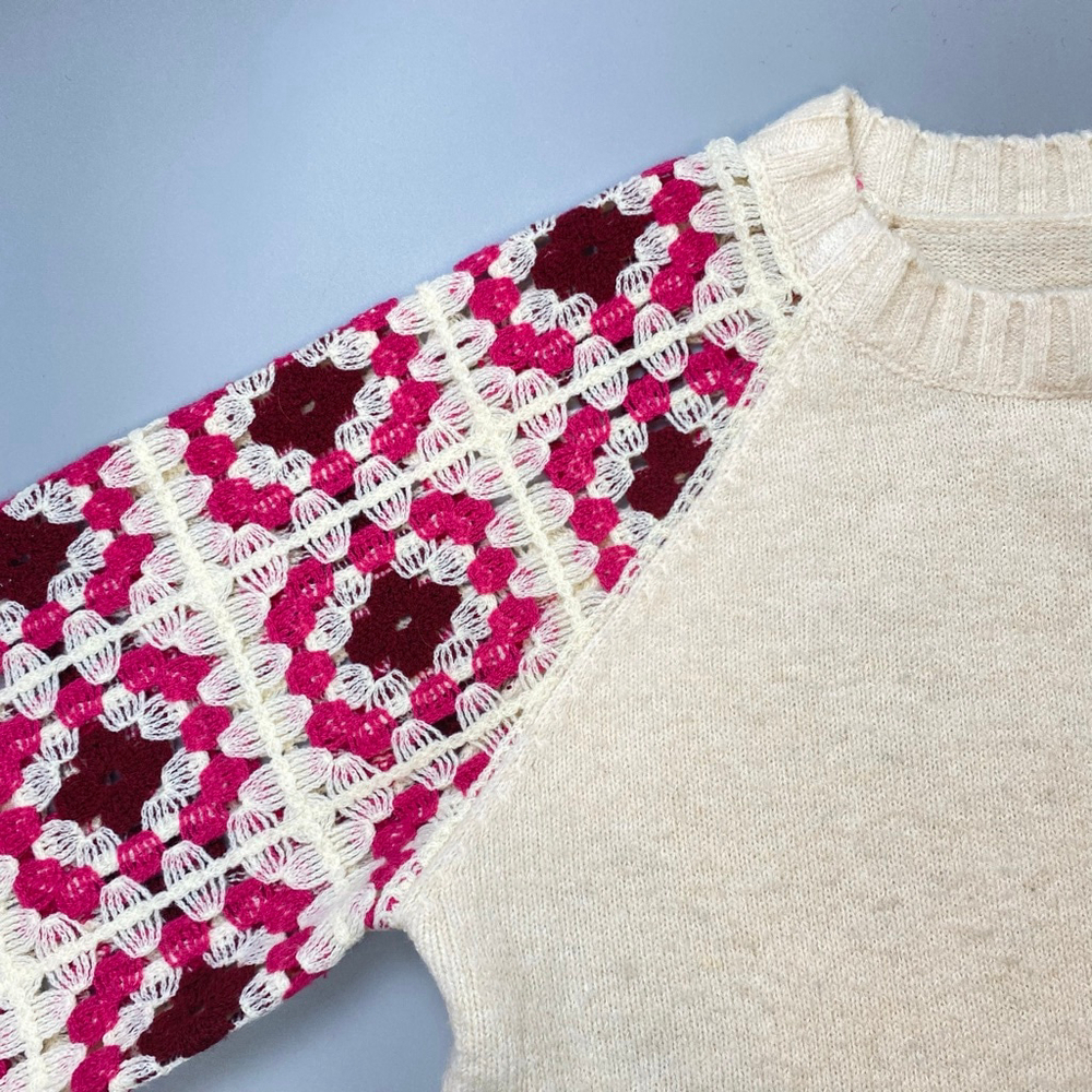 Crochet Sweater Womens Small Cream Pink Granny Square Grandmacore Boho Cottage - Picture 10 of 13